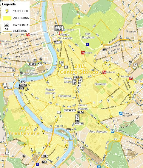 A map of the ZTL (Zona Traffico Limitato") in Rome
