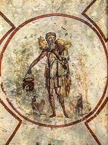 A fresco of "The Good Shepherd" in the Catacomb of St. Calixtus in Rome, Italy
