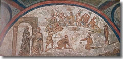 A fresco of the Cenacolo in the Catacombs of Domitilla, Rome.