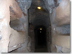 The spooky halls of teh Catacomb San Calissto in Rome, Italy.