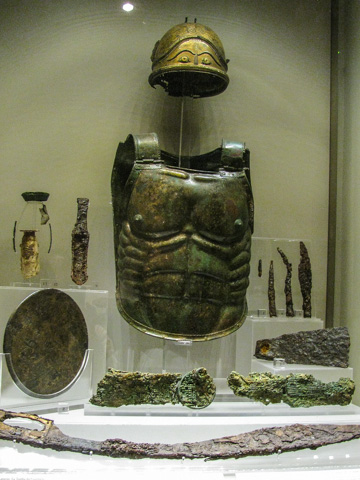 Armor and weapons found in a 5th century BC tomb in Lanuvium, near Rome, Baths of Diocletian complex, Museo Nazionale Romano, Rome