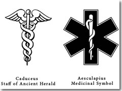The difference between Mercury's caduceus and Aesculapius' staff.
