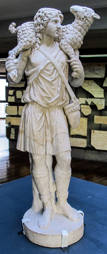 Statue of The Good Shepherd (early AD 200s) in the Vatican Pio-Christian Museum, Vatican Museums, Rome, Italy. (Photo by Sailko)