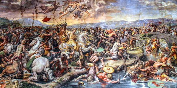 Battle at the Milvian Bridge by Giulio Romano in the Stanza di Constantinoof the Raphael Rooms in the Vatican Museum, Rome