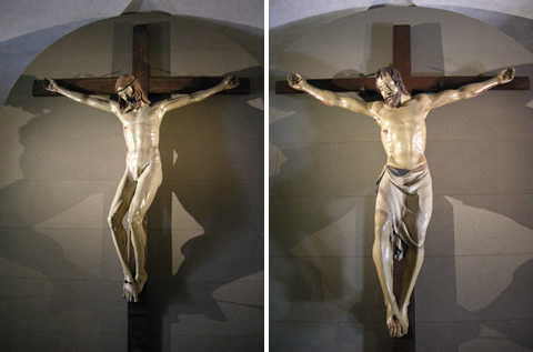 Crucifixions by Filippo Brunelleschi (left) and Donatello (right). (Photos by Sailko)