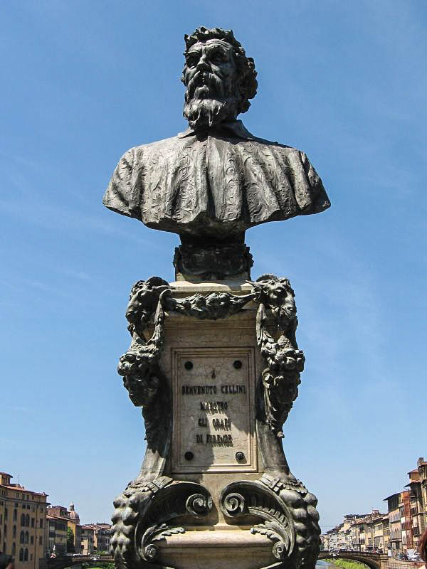 A bust of Florentine silversmith (and famed Renaissance sculptor and autobiographer) Benvenuto Cellini graces the middle of the Ponte Vecchio in Florence. (Photo by Monica)