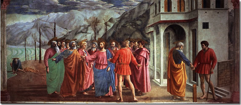 Masaccio's fresco of St. Peter and the Tribute Money in the Brancacci Chapel of Florence's church of Santa Maria del Carmine