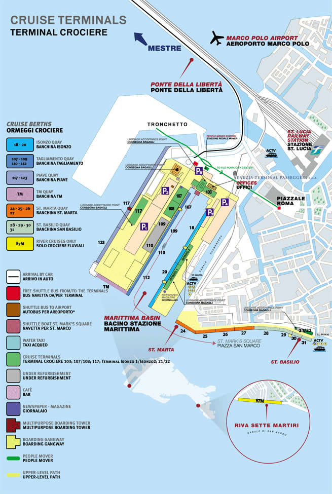 A map of the Stazione Marittima and San Basilio cruise temrinal, ferry dock, and public piers.