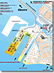 A map of the layout of Venice's Stazione Marittima and San Basilio cruise terminal and ferry docks