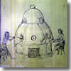 A sketch of hsitoric glassblowing in the Murano Museum of Glass in Venice