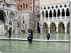 Venice residents and visitors have to walk along the passarelle (elevated boardwalks) set out on the main streets and piazze during the acqua alta (high water) periods of winter.
