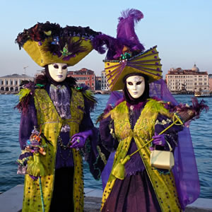 Masked and costumed Carnevale celebrants in Venice