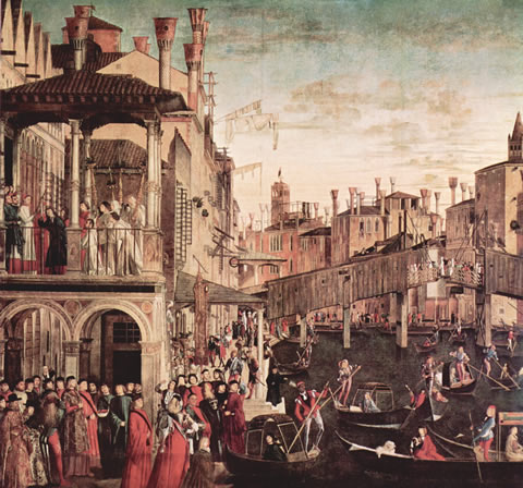 The Rialto Bridge as it appeared in TK, in a detail from a painting by Vittore Carpaccio in the Accademie Galleries